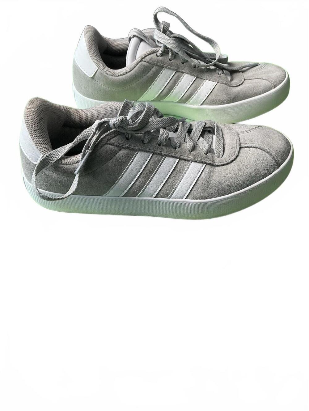 Adidas Gray Suede Sneakers with White Stripes and Rubber Sol